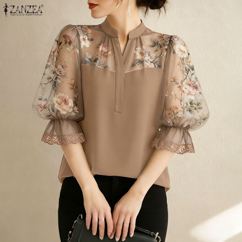 ZANZEA femmes élégantes Blouses imprimé fleuri en mousseline de soie Patchwork hauts mode col en v 3/4 manches bouffantes dentelle garniture femme vêtements S-3XL