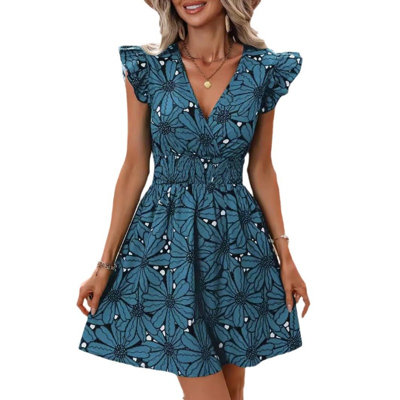 Robe trapèze élégante à imprimé floral pour femmes, robes de vacances, col en V, fibre chic
