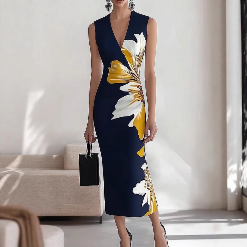 Robe imprimée Sexy à col en v pour femmes, sans manches, Maxi, printemps été, vacances, 2025
