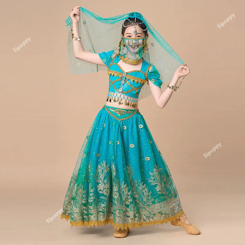 Ensemble de danse du ventre de princesse indienne pour enfants, Costume de spectacle de danse orientale indienne pour filles, Costume de scène Bollywood
