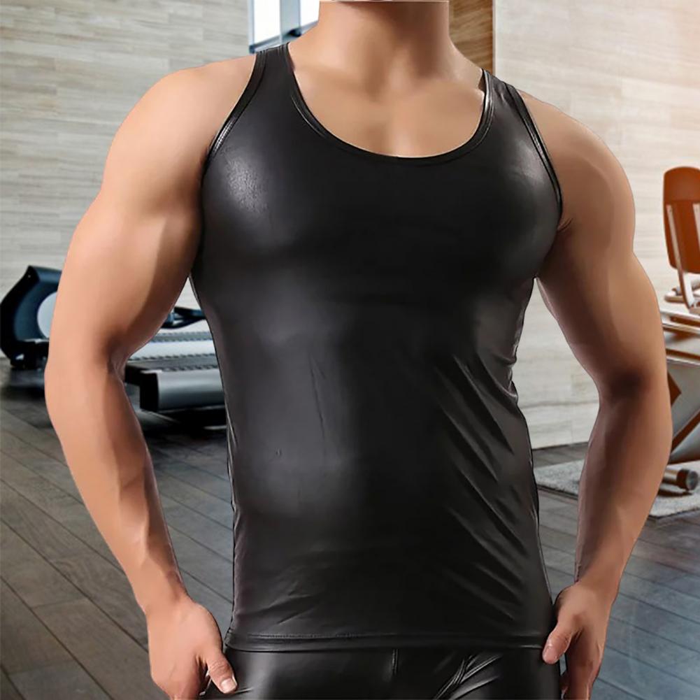 Hommes Club gilet couleur unie Surface lisse coupe ajustée sans manches col rond Faux cuir PClub débardeur hommes vêtements t-shirt homme