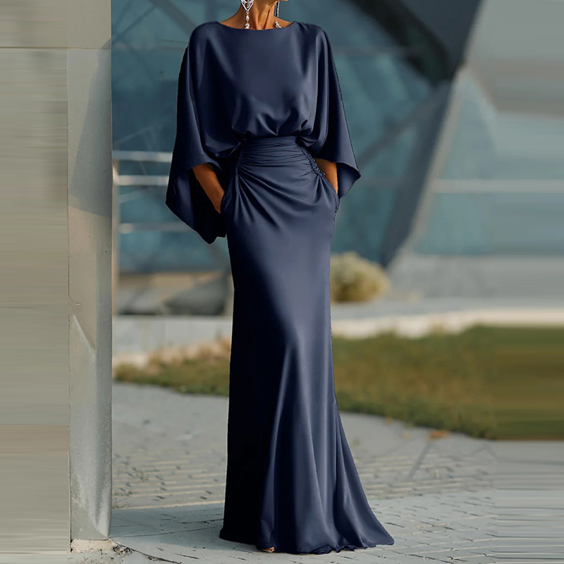 Robe longue plissée élégante à taille haute pour femme, col rond, manches chauve-souris, dos nu, poches, couleur unie, idéale pour les soirées