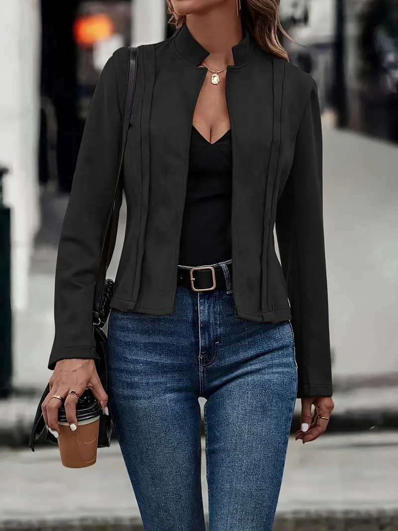 Veste courte en daim pour femme, col montant, ouverte sur le devant, avec détail plissé, pour l'automne et l'hiver, style décontracté