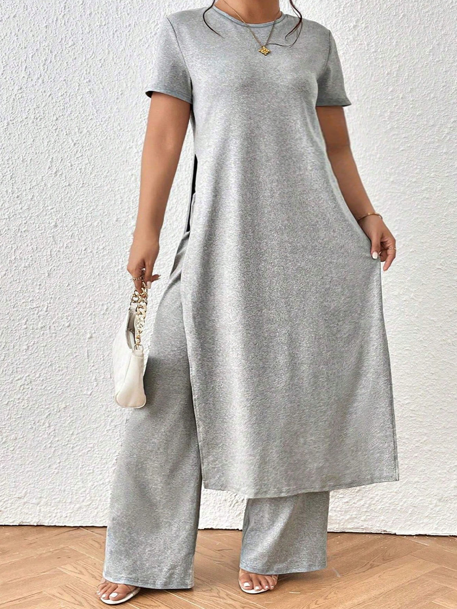 Costume de travail élégant grande taille printemps-été, pull ample à taille décontractée, col rond, manches courtes, couleur unie