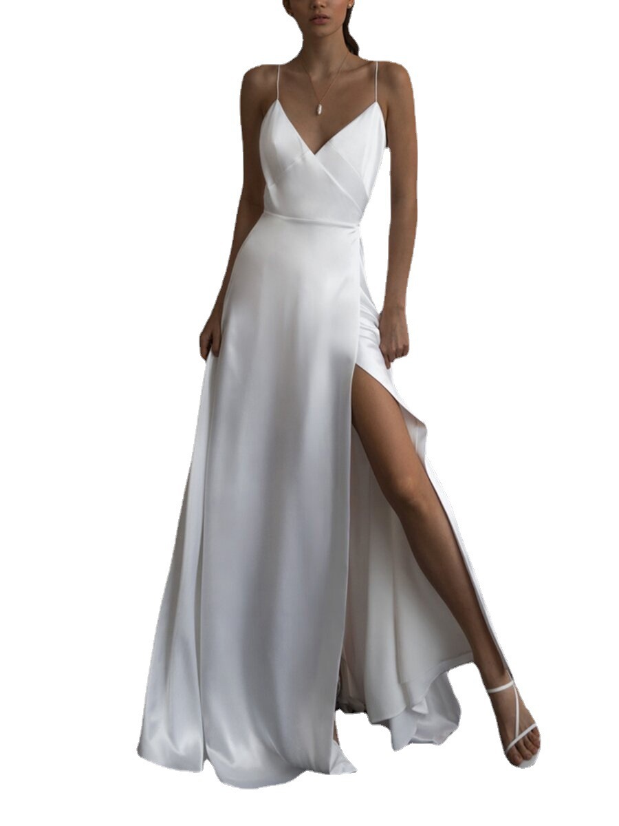 Robe de mariée élégante en satin coupe A, col en V, bretelles spaghetti, sexy, dos nu, fente haute, sur mesure