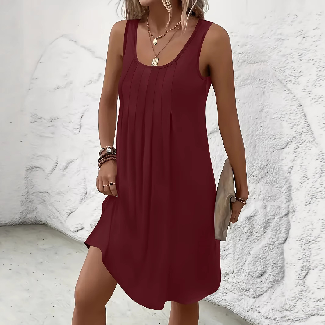 Nouvelle Robe Décontractée Femme 2026 – Débardeur Plissé Col U Coupe Ample Mini Robe Unie Douce pour l'Été, la Plage et le Quotidien