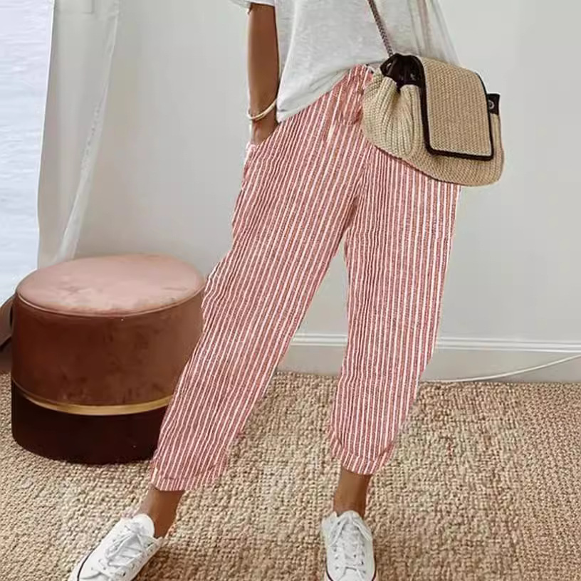 Pantalons femmes 2025 nouvelle mode été rayé décontracté ample taille élastique couleur unie cheville longueur pantalon vêtements pour femmes