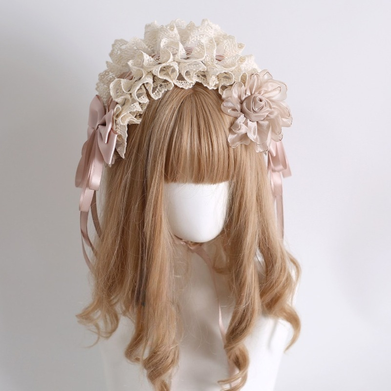 Accessoires capillaires Lolita faits main Original Light Shadow : Pince à cheveux, Boule de fleurs colorée, Nœud, Voile de cheveux en dentelle couleur champagne