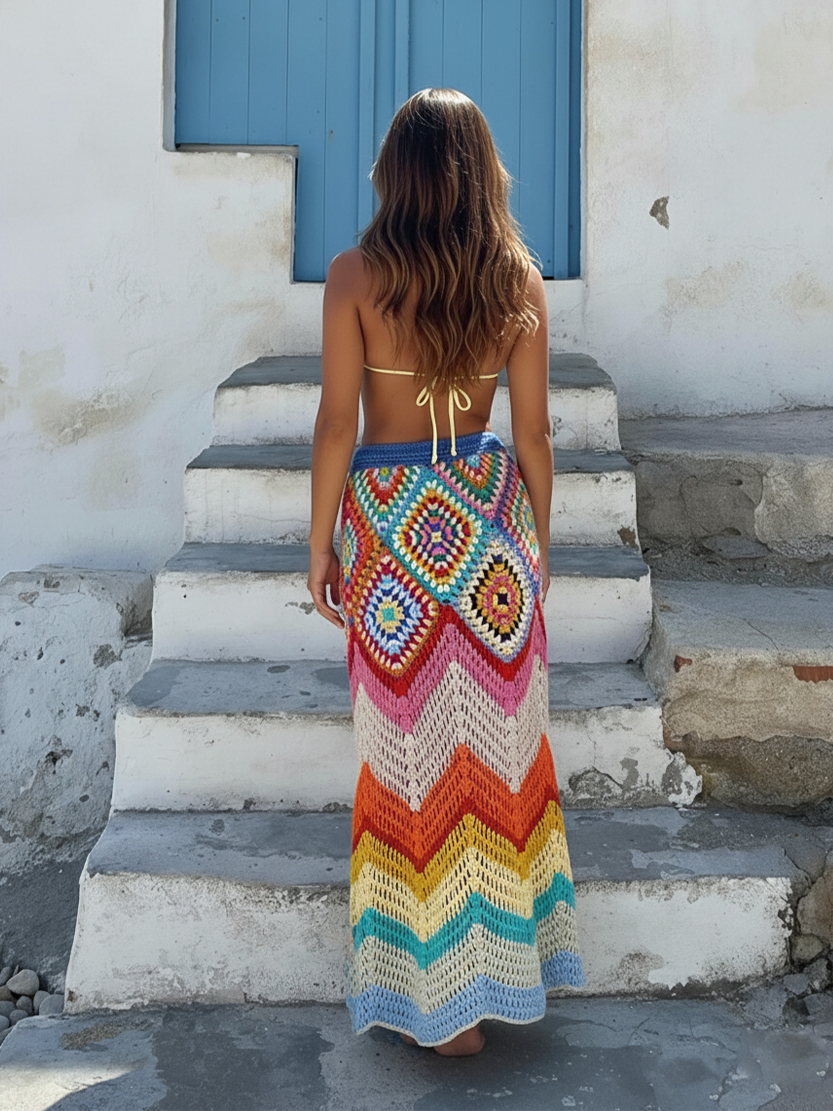 Jupe de plage ajourée en crochet colorée, cache-maillot de bain, collection 2026, pour femme, style bohème, luxueusement tricotée à la main, coupe trapèze K300
