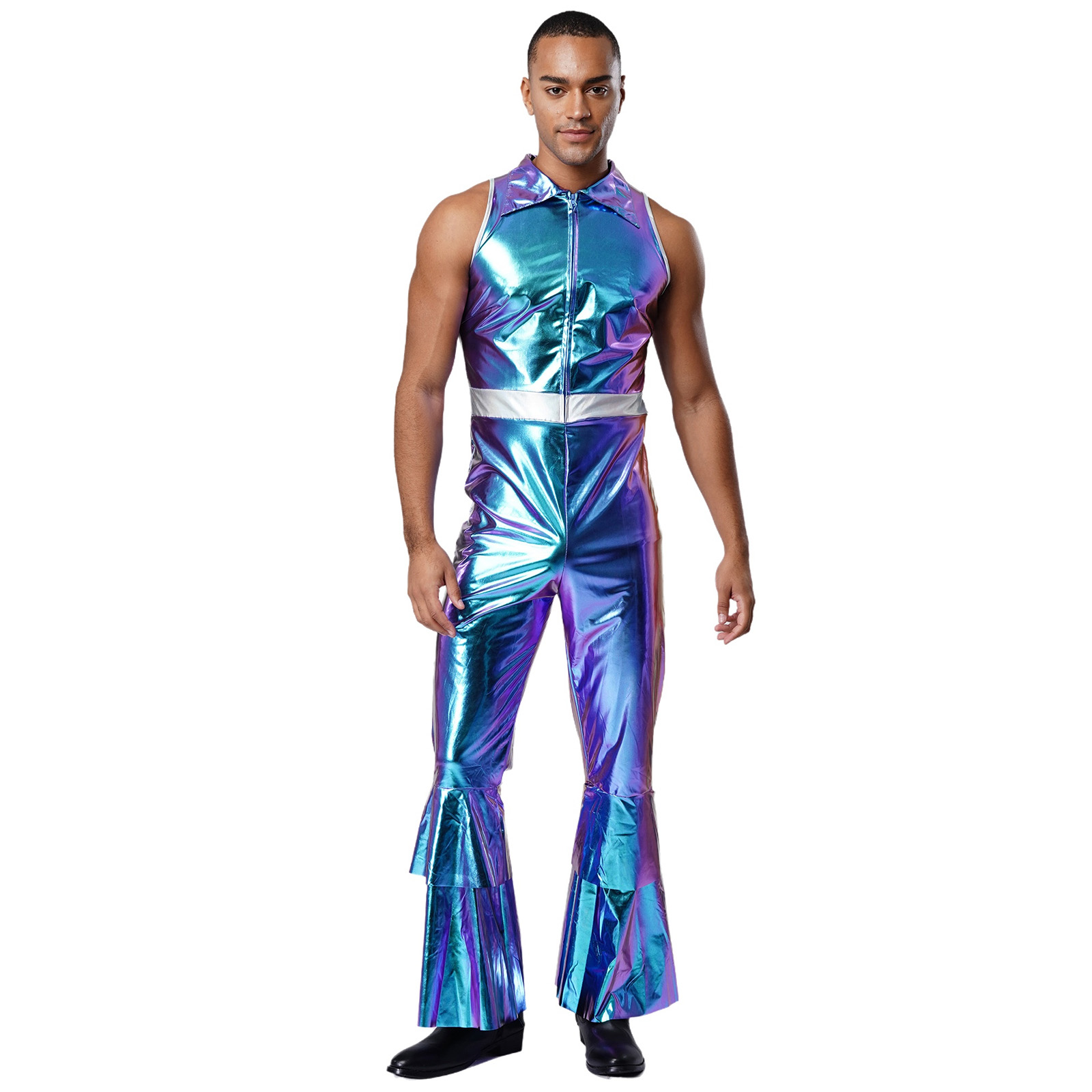 Tenues de danse Disco métalliques brillantes pour hommes, col à revers rétro des années 70, combinaison sans manches à jambes évasées, Costume Hippie pour Halloween