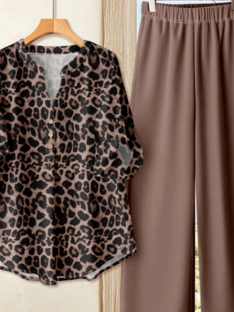Ensemble pantalon imprimé décontracté pour femmes, t-shirt à manches mi-longues, boutons amples, jambes larges, ensemble deux pièces, vêtements de transport pour dames
