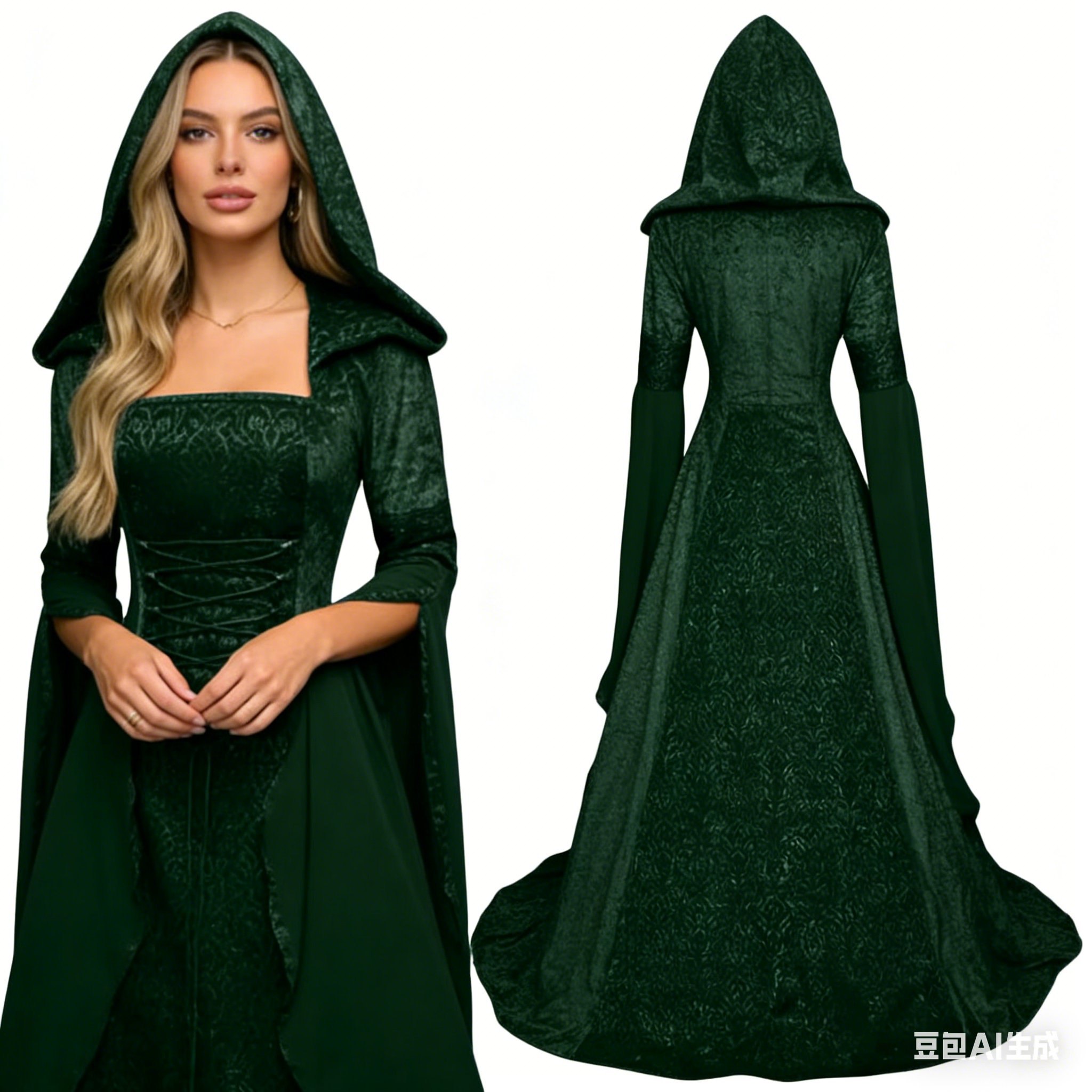 Robe de mariée de style rétro médiéval, robe à capuche, robe à taille cintrée, cosplay, Halloween, robe à capuche pour femme, costume de jeu de rôle HQ001