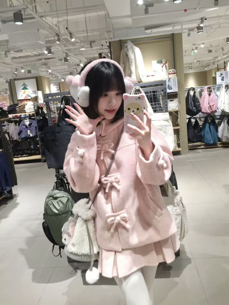 Ensemble 2 pièces en laine rose pour femme, manteau chaud avec nœud + Mini jupe plissée, mode japonaise, tenues de princesse Kawaii, nouvelle collection hiver 2025