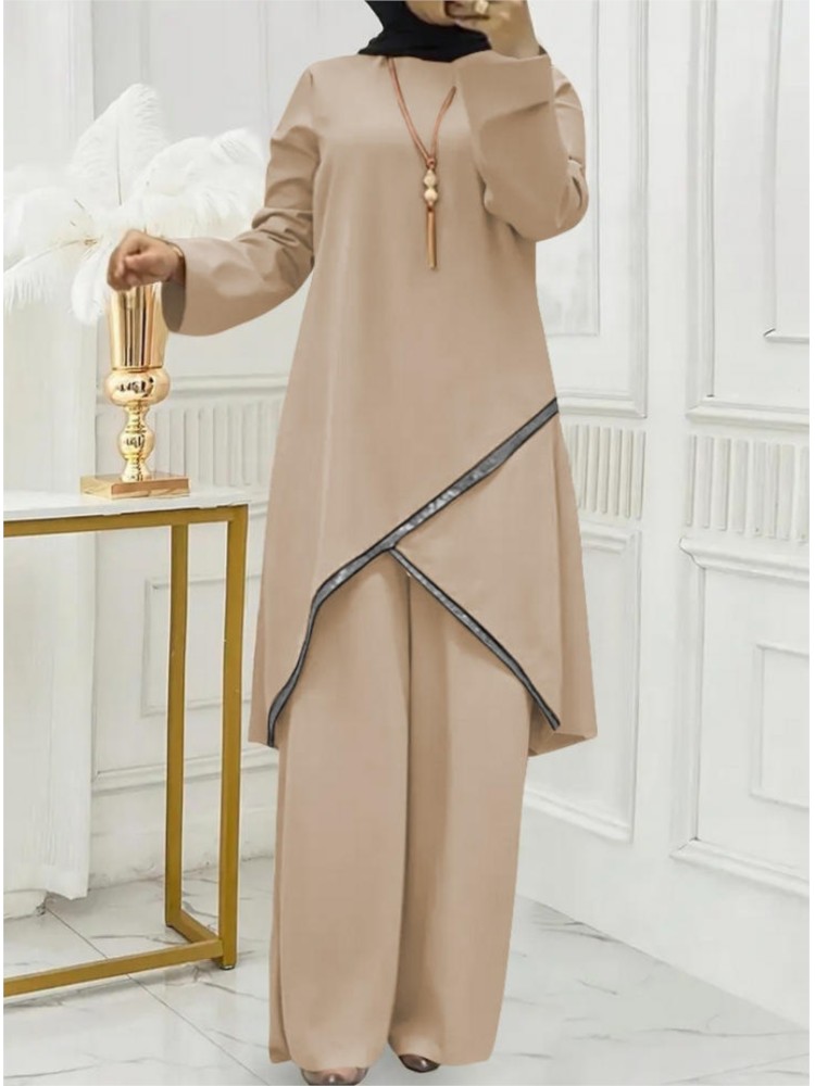 Ensemble Robe et Pantalon Large à Manches Longues Deux Pièces pour Femme Musulmane, Couleur Unie, Style Décontracté, Sportswear Tendance 2026