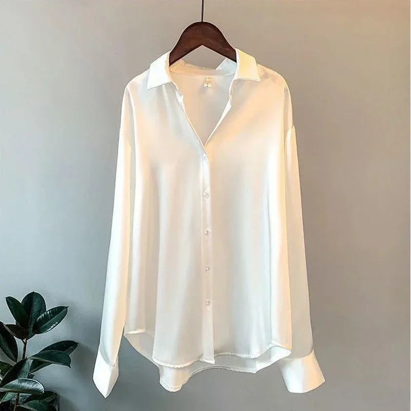 Chemise en soie pour femmes, chemisier Vintage, haut transparent, manches longues, grande taille, surchemise, automne 2022