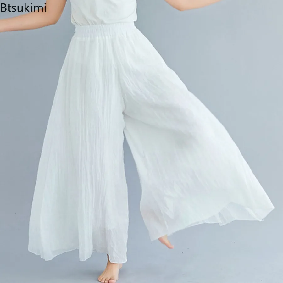 Pantalon décontracté style ethnique 2026, nouveau pantalon large en coton et lin, culotte unie, confortable et polyvalent, style vintage pour femme