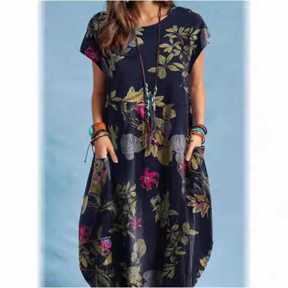 Robes pour femmes 2026 en coton et lin, imprimées végétales, col rond, poches, manches courtes, ourlet irrégulier, longueur genou, vêtements vestidoes
