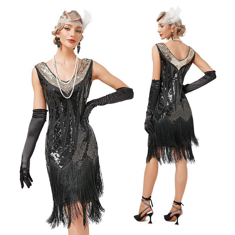 Robe de cocktail évasée à franges pour femmes, jupe longue, grande robe de soirée, paillettes de fibrine, pompon, vintage, testostérone, années 1920, été