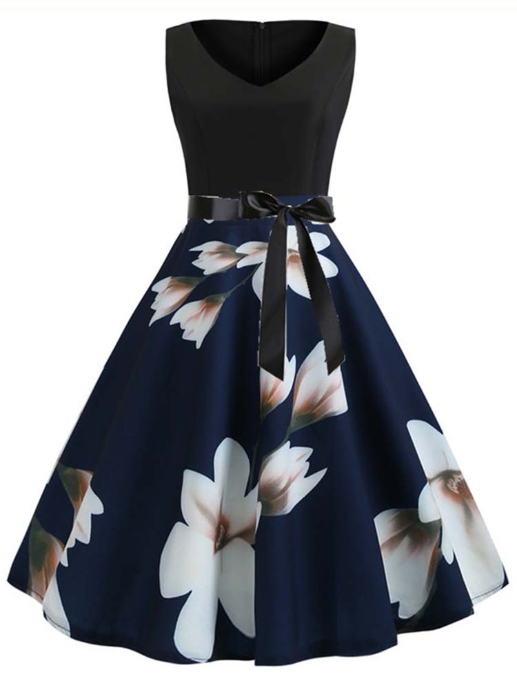 Robes vintage pour femmes, imprimé floral, robe de soirée noire élégante, robe rétro sans manches, sexy, grande taille, robe d'été
