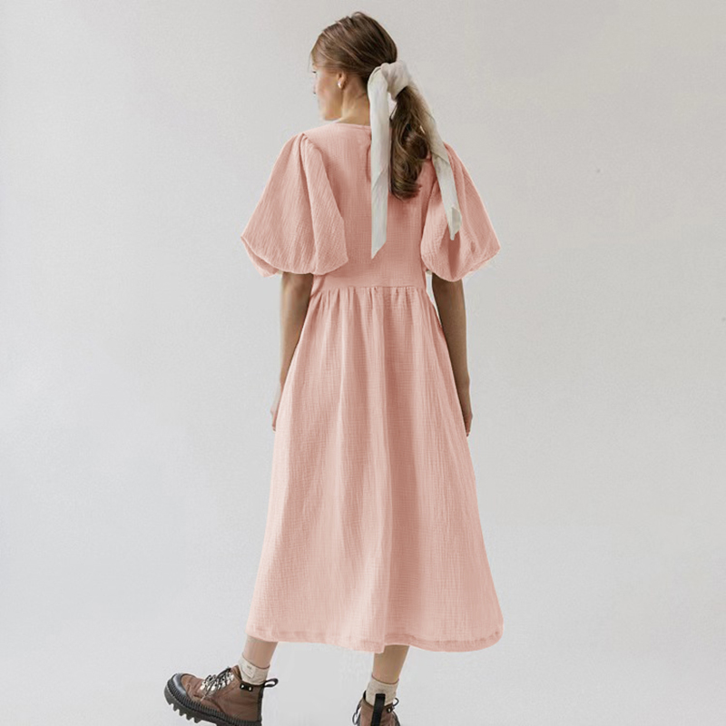 Robe longue vintage 100 % coton à manches bouffantes pour femme, en mousseline de crêpe gaze, col en V, avec bandage et dentelle, élégante, pour fête d'anniversaire