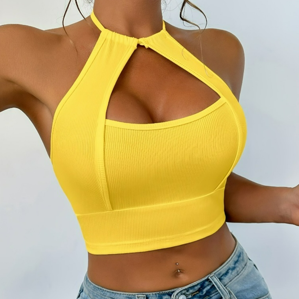 Haut court sexy dos nu pour femme, idéal pour les soirées, mode estivale, ajouré, jaune