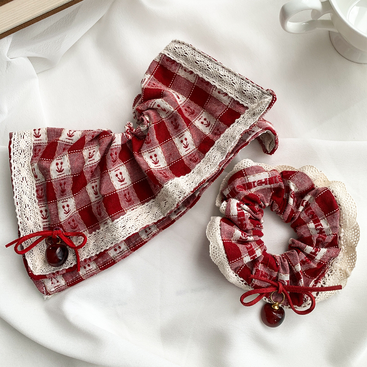 Chouchous pour femmes, Style doux, carreaux rouges, cerise, dentelle, écharpe carrée, corde pour cheveux, accessoires pour cheveux, cadeau pour filles