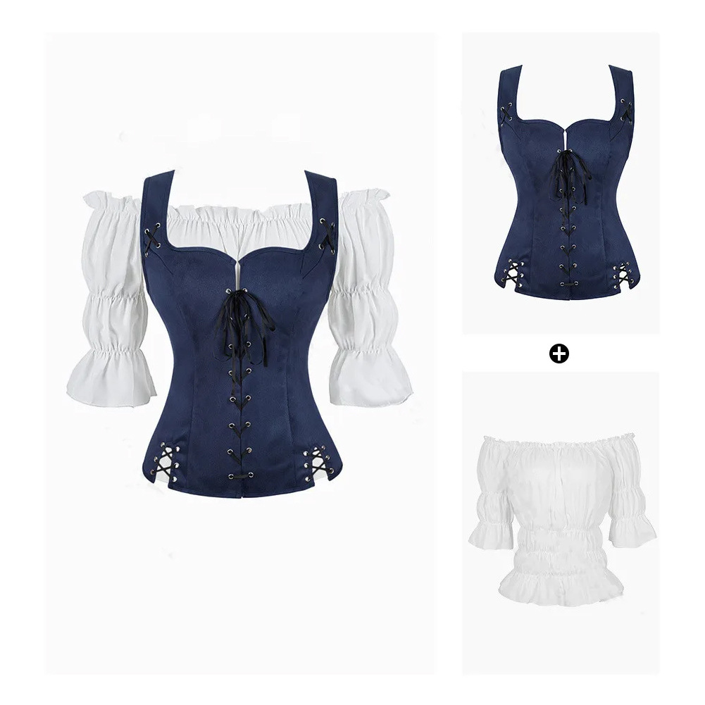 Costume de Pirate pour femmes, gilet médiéval, Cosplay, grande taille, chemisier médiéval, hauts, ensemble 2 pièces, gilet Renaissance, marron, noir, bleu, rouge