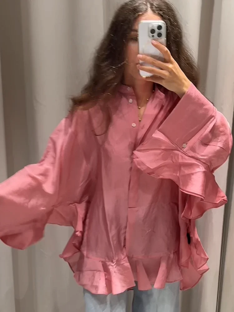 Chemise rose élégante en mousseline de soie à volants pour femmes, mode solide, simple boutonnage, chemises amples décontractées, Chic quotidien, hauts de bureau pour les déplacements quotidiens