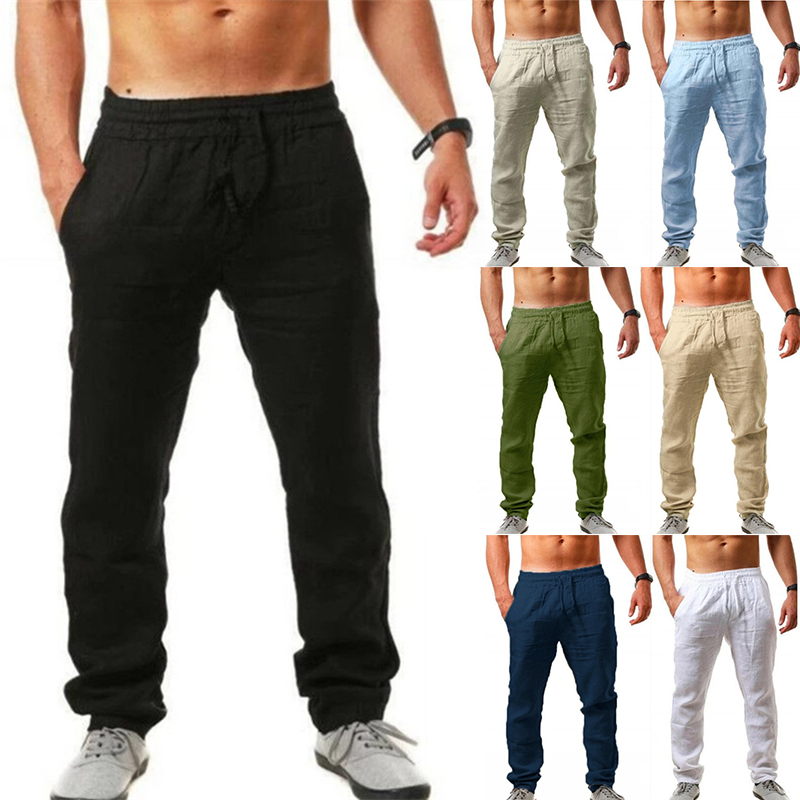 Pantalons hommes coton lin pantalon Joggers décontracté solide taille élastique droite ample sport course pantalon grande taille vêtements pour hommes
