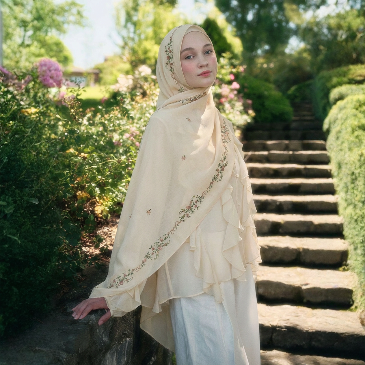 Voile Hijab en Chiffon Brodé Floral Ramadan pour Femme, Foulard Uni Premium, Châle, Turban, Bandana 170*70cm