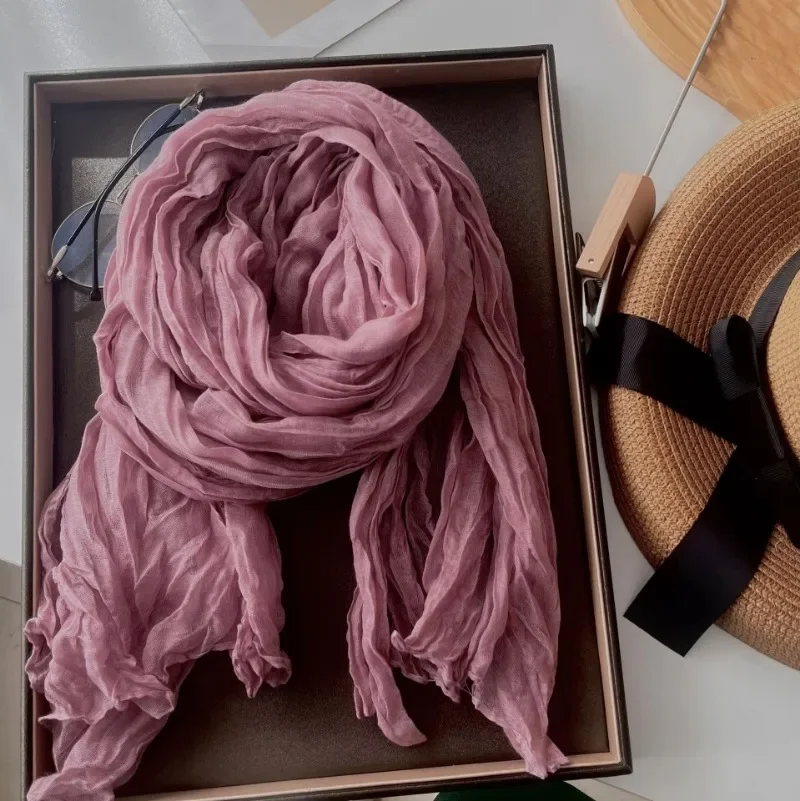 Écharpe en coton et lin de couleur unie, rétro, automne hiver, nouveau châle plissé à bande fine verte, soie thermique pour hommes et femmes