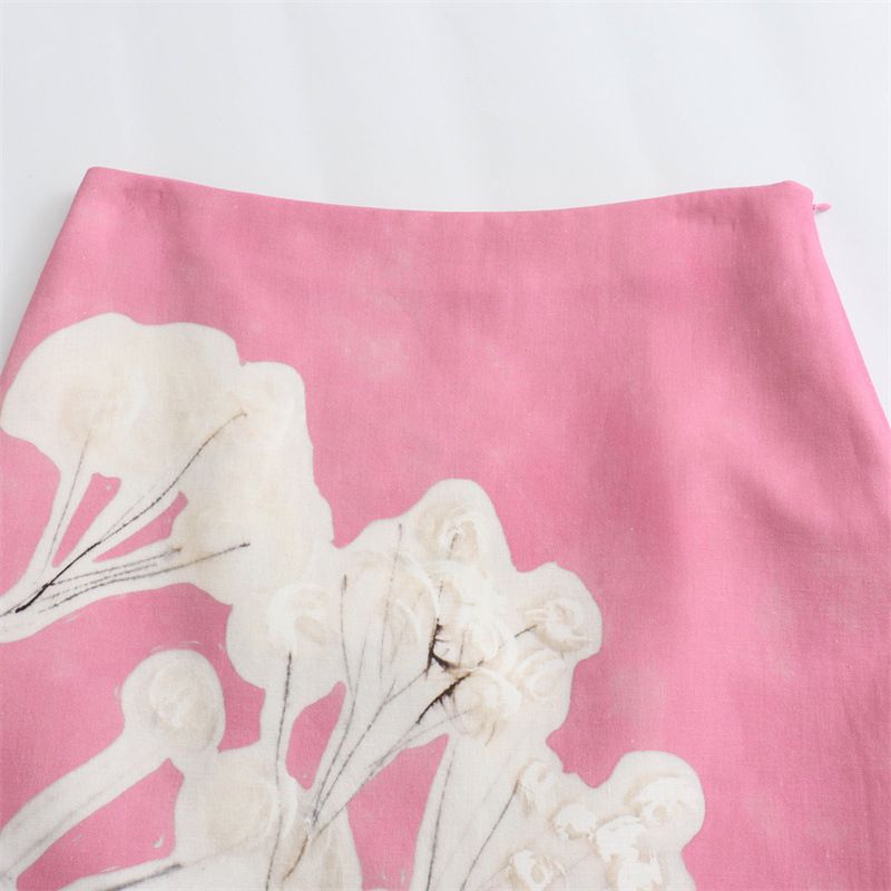 Jupe crayon mi-longue en lin mélangé pour femmes, taille haute, fermeture éclair, imprimé floral contrasté, ourlet fendu, mode 2026