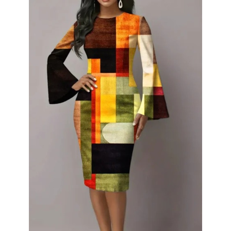 Robe moulante élégante pour femme, motif géométrique turquoise, manches longues, robe midi avec poignets évasés, coupe ajustée, robe de cocktail, robe de dîner