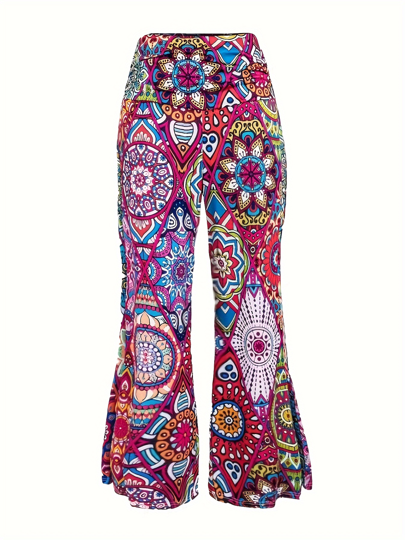 Pantalon à Jambes Larges de Grande Taille, Imprimé Géométrique Vibrant Turnblock, Taille Haute Froncée, Tenue Confortable et Décontractée, Silhouette Flatteuse
