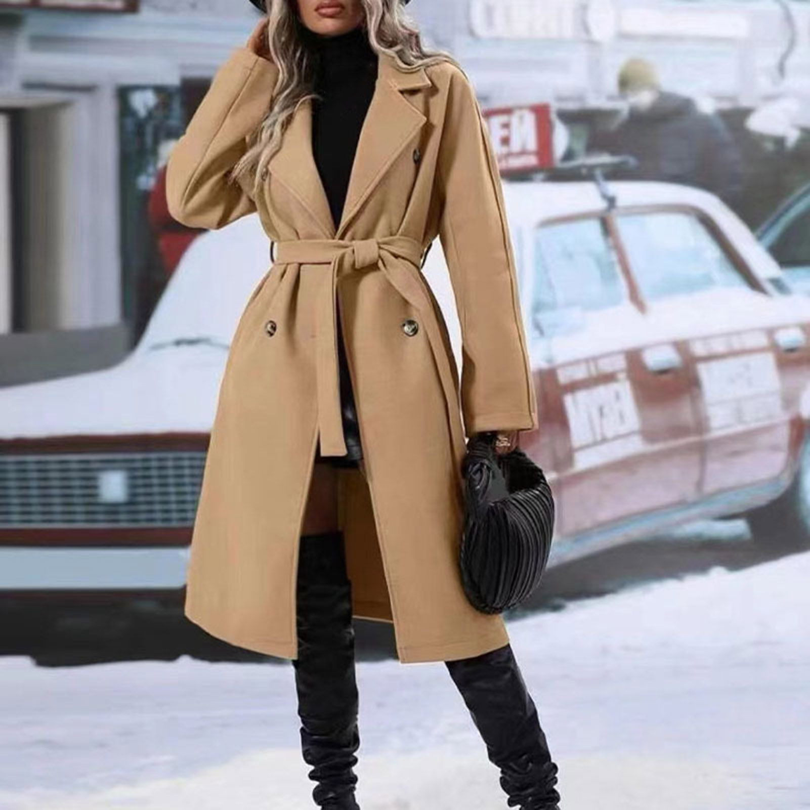 Manteau coupe-vent décontracté pour femme, Trench-Coat élégant en laine avec ceinture, pardessus Double boutonnage pour l'automne et l'hiver