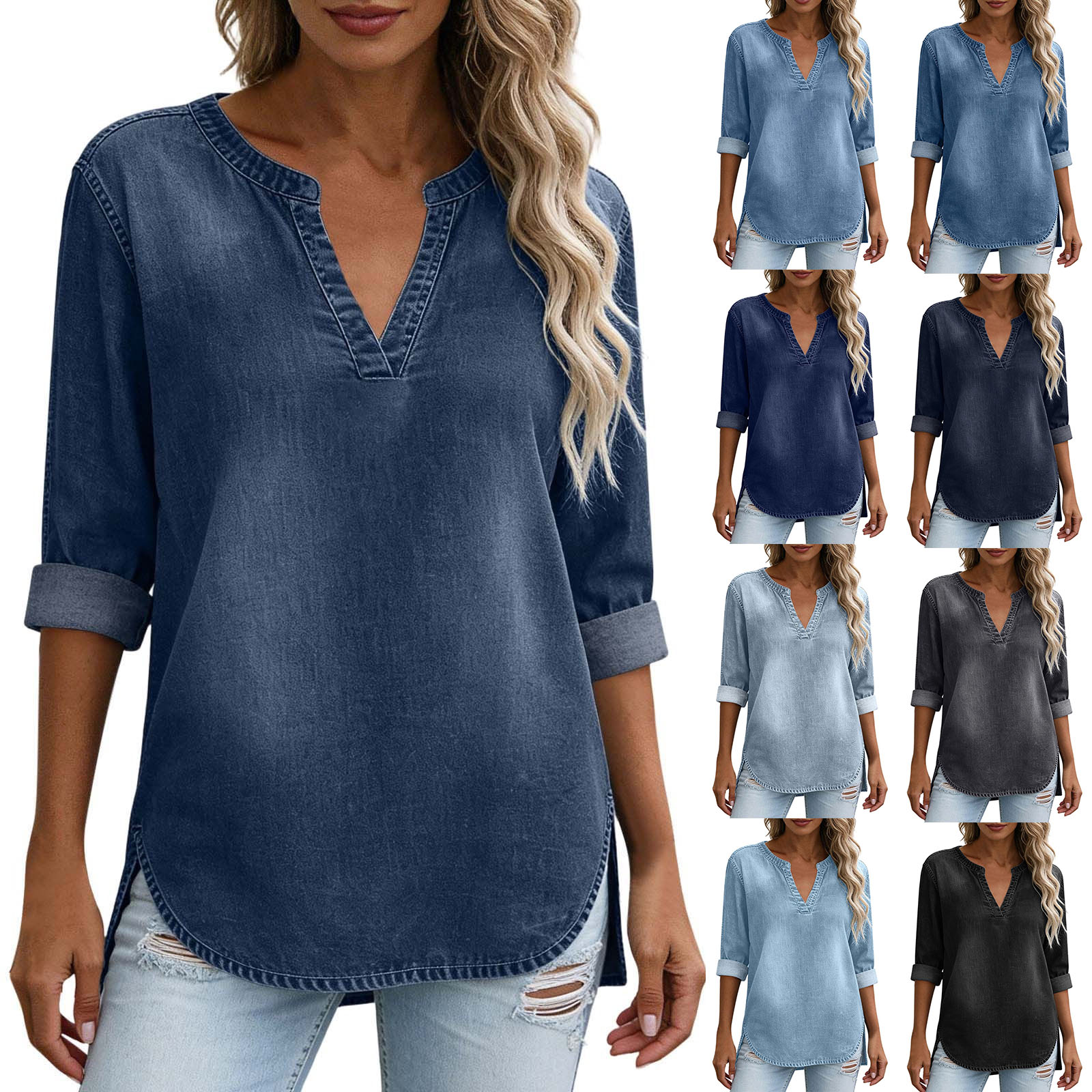 Chemisier en jean tendance pour femme, style vintage délavé, col en V, manches 3/4, hauts décontractés pour le travail, tunique fendue sur le côté, blouses amples pour le bureau