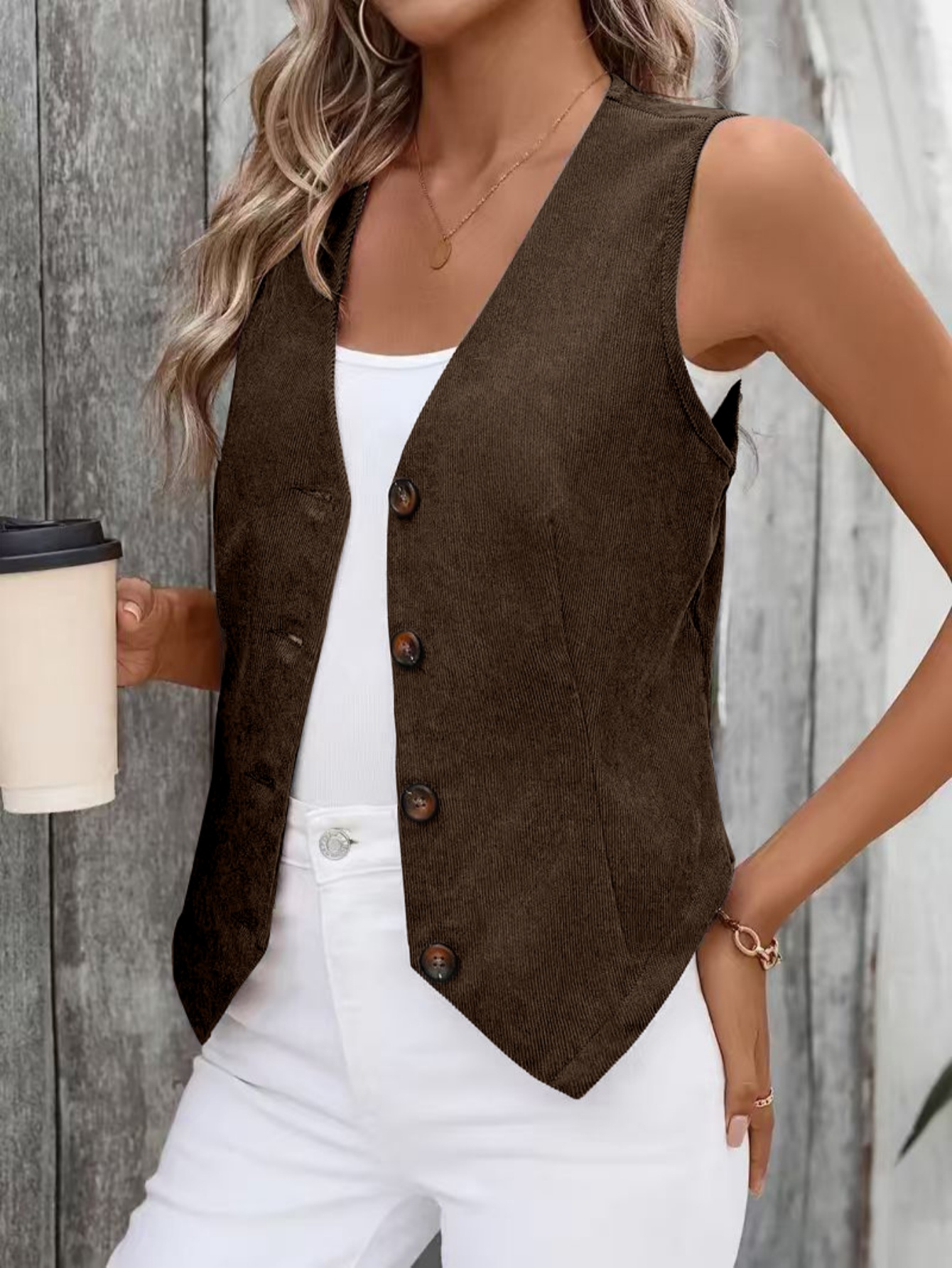 Gilet Vintage en velours côtelé pour femmes, gilet ajusté boutonné à col en v, débardeur marron décontracté sans manches rétro des années 90 pour superposition