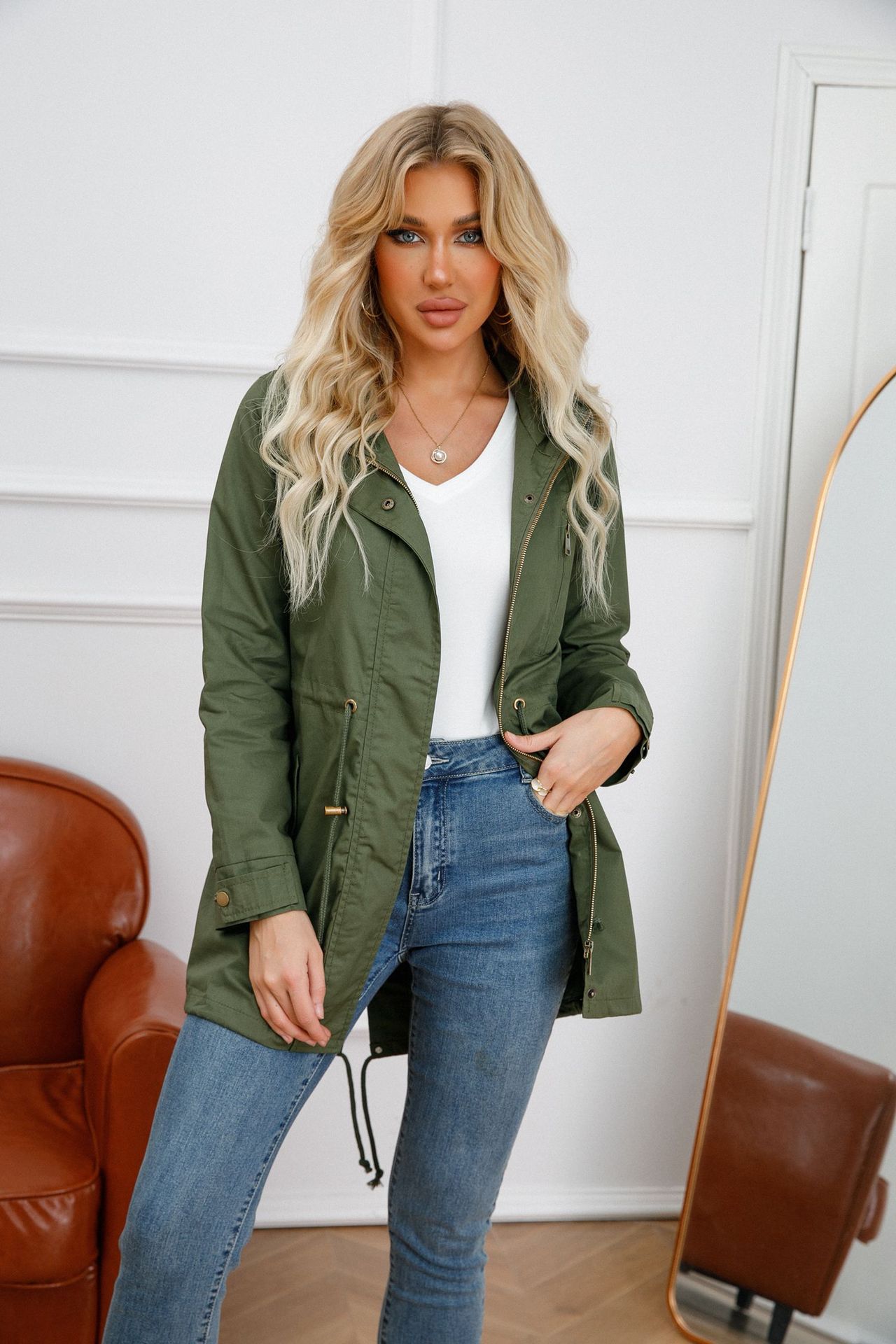 Manteau trench à capuche pour femme, grande taille, coupe ample, couleur unie, en coton imperméable, veste de printemps et d'automne, vêtement d'extérieur tendance