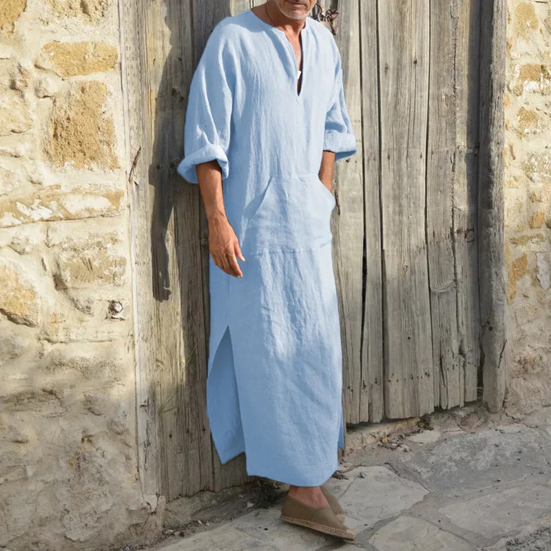 Hommes lin doux Robes musulmanes Abaya dubaï arabe robe islamique vêtements caftan Jubba Thobe Qamis Homme Islam Costumes traditionnels $