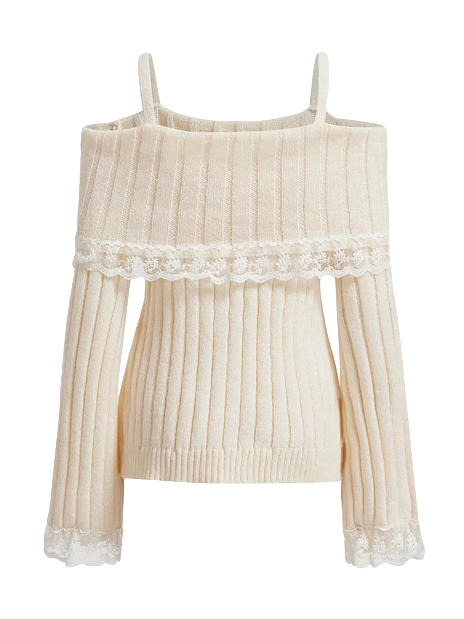 Pulls à épaules dénudées pour femmes, manches longues, garniture en dentelle, tricot, nœud sur le devant, hauts, vêtements d'automne et d'hiver Y2K