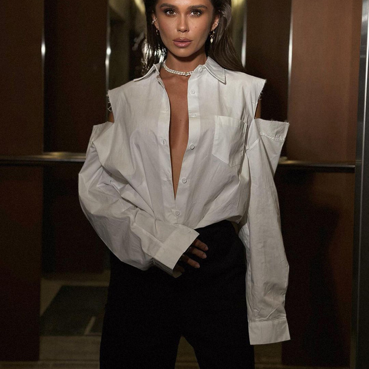 Chemise blanche ample et Sexy pour femmes, élégante, manches longues, revers ajouré, chemises et chemisiers, hauts Blusa, Streetwear féminin, 2023