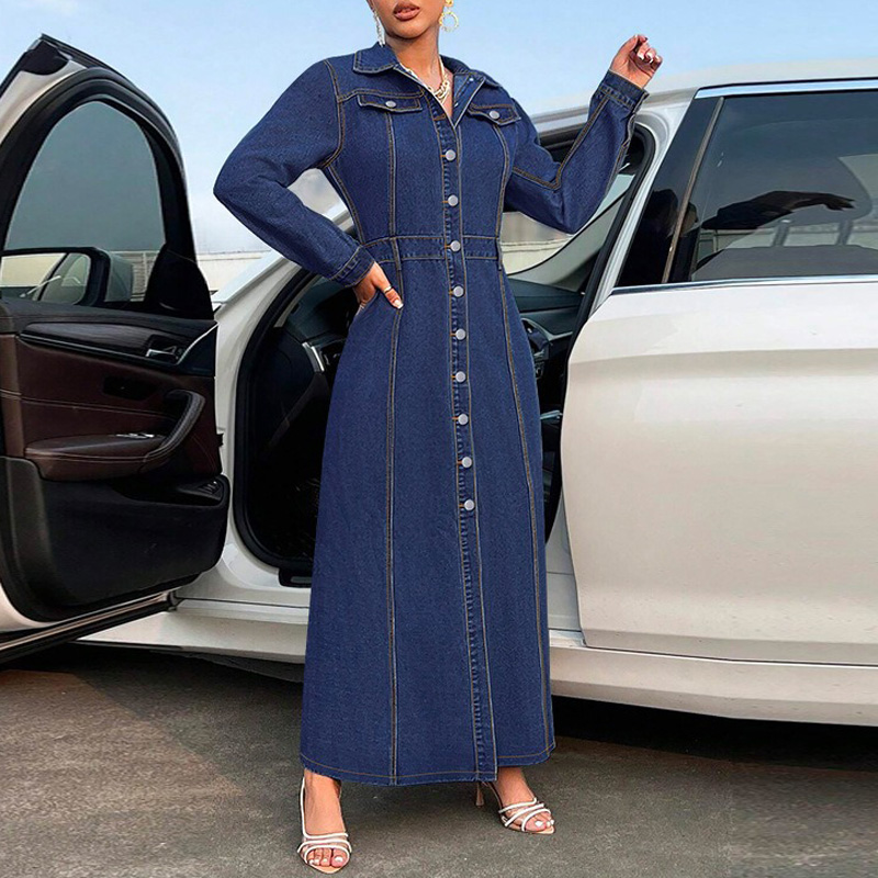 Benuynffy grande taille Vintage lavé Denim robe longue femmes automne 2025 nouveau simple boutonnage à manches longues rue Jean robes