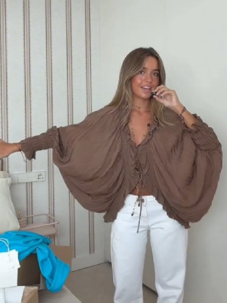 Chemisier Fluide Marron Élégant et Chic pour Femme, Col en V Tendance, Nœud Devant, Manches Longues à Volants, Coupe Ample, Nouveauté Automne, Haut Quotidien Style Urbain