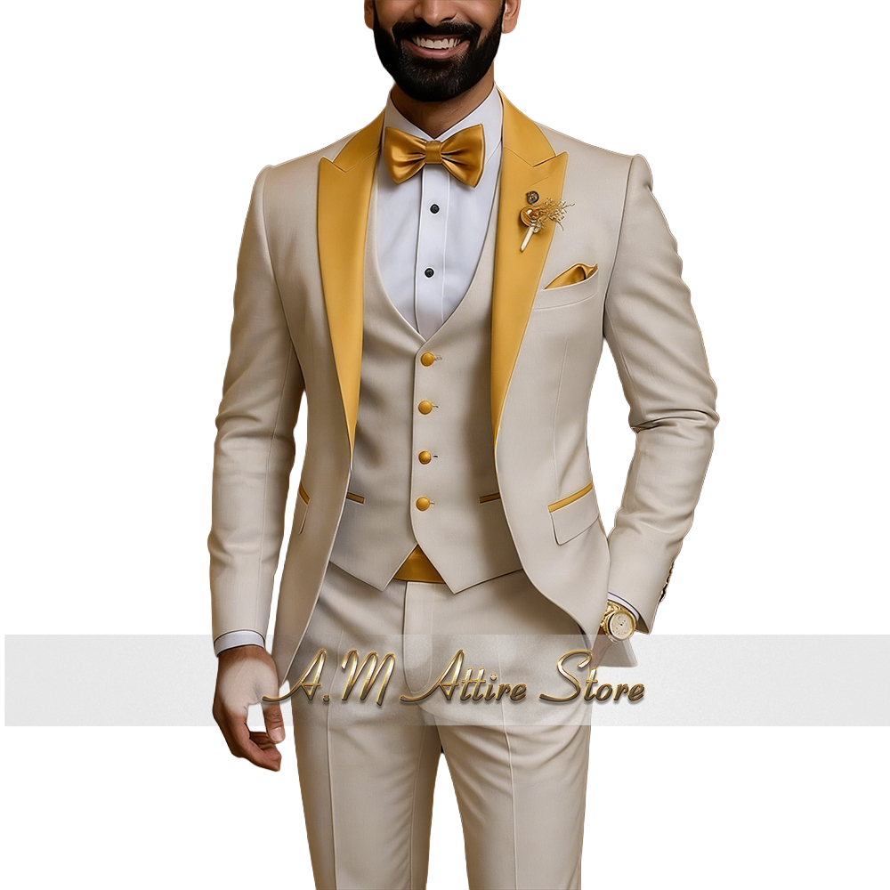 Costume de Mariage Homme Haute Couture 3 Pièces – Veste, Gilet et Pantalon Slim Fit à Revers Dorés – Tenue de Bal pour Garçons