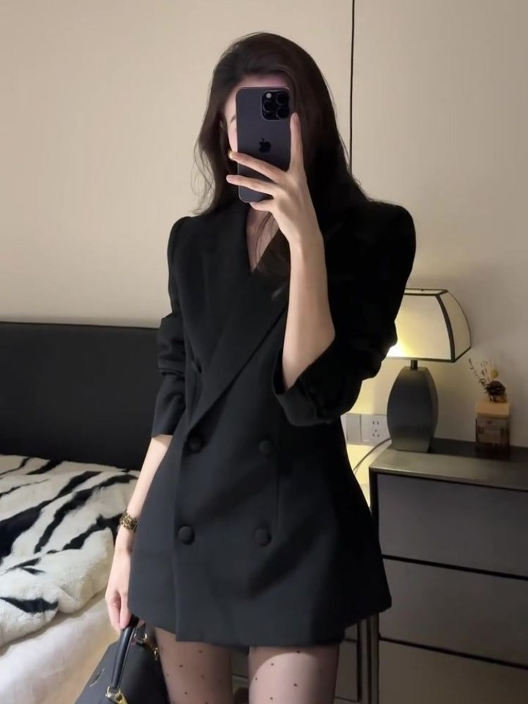 Mode coréenne élégant coupe ajustée Blazer manteau femmes col en v à manches longues Double boutonnage décontracté noir manteau bureau Style Blazers