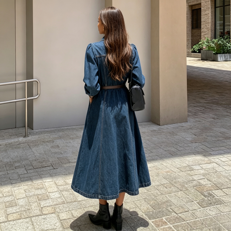 Robe en jean pour femme, coupe trapèze, col rabattu, manches longues, ceinture, longueur mi-longue, élégante, style Y2K, streetwear, pour le travail, Printemps 2026