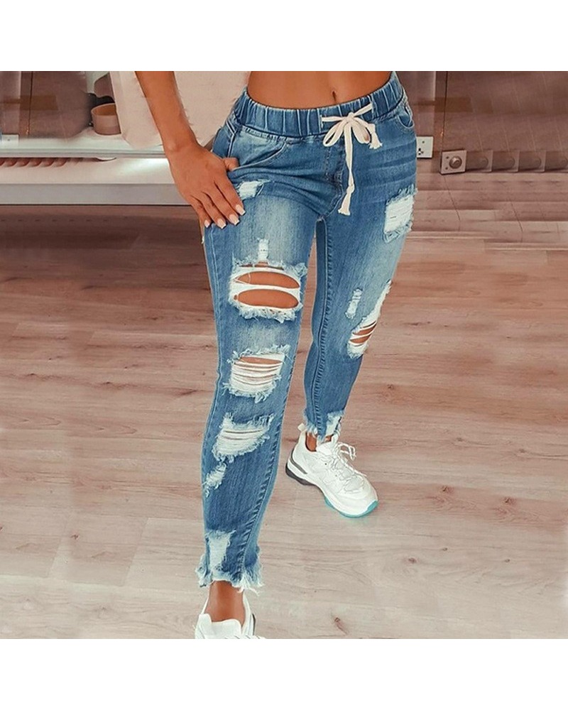 Jean taille serrée pour femme, taille moyenne, à lacets, coupe cintrée, pieds élastiques, pantalon en Denim perforé, taille S-5XL