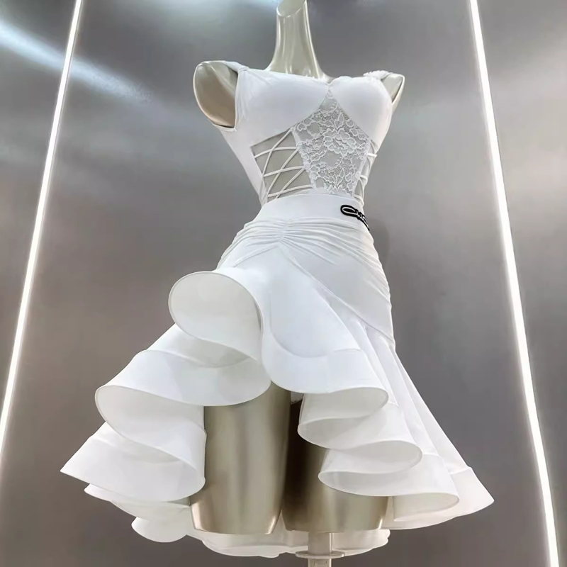 Robe de danse latine pour femmes, tenues avec soutien-gorge en dentelle, combinaisons, hauts, jupe à volants, Costumes de spectacle sur scène pour concours de danse pour adultes