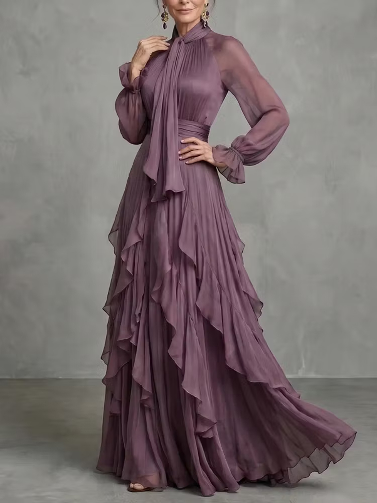 Robe longue élégante en mousseline à volants pour femme, avec nœud, col montant, manches lanternes, taille haute, pour invitées de mariage et soirées