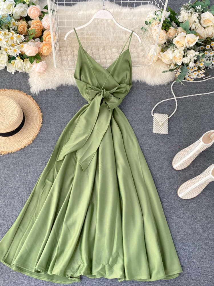 Robe longue de plage en satin pour femme, élégante, dos nu, bandage, robes de soirée sexy, vintage, bretelles spaghetti, robe longue éducative, été